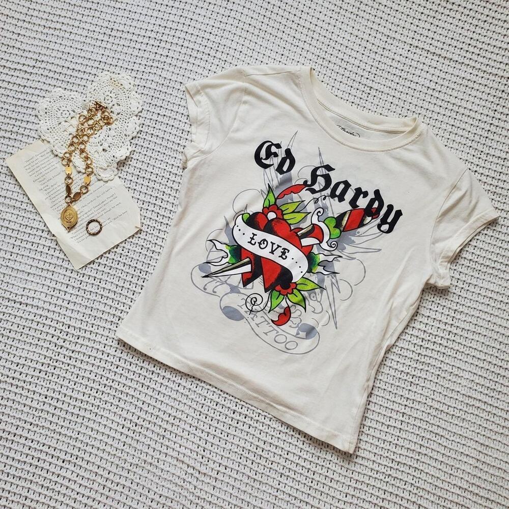 Off white ed hardy heart and dagger graphic baby tee